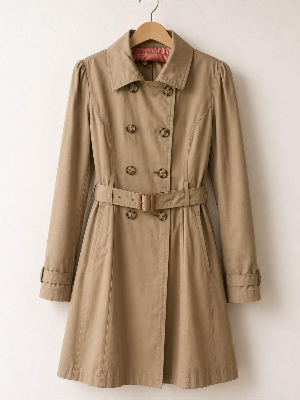 Mind Code Tan Double-Breasted Trench Coat with Belt